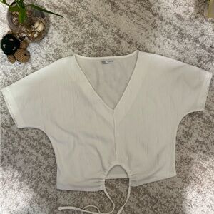 Zara White V-Neck Blouse with Drawstring